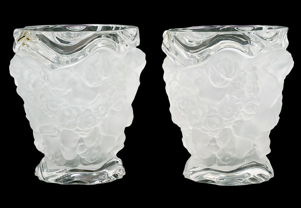 Appraisal: Pr Lalique 'Cherub' Vases Frosted Clear Pair of Lalique clear