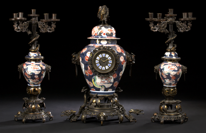 Appraisal: Impressive European Bronze and Japanese Imari Porcelain Three-Piece Mantel Set