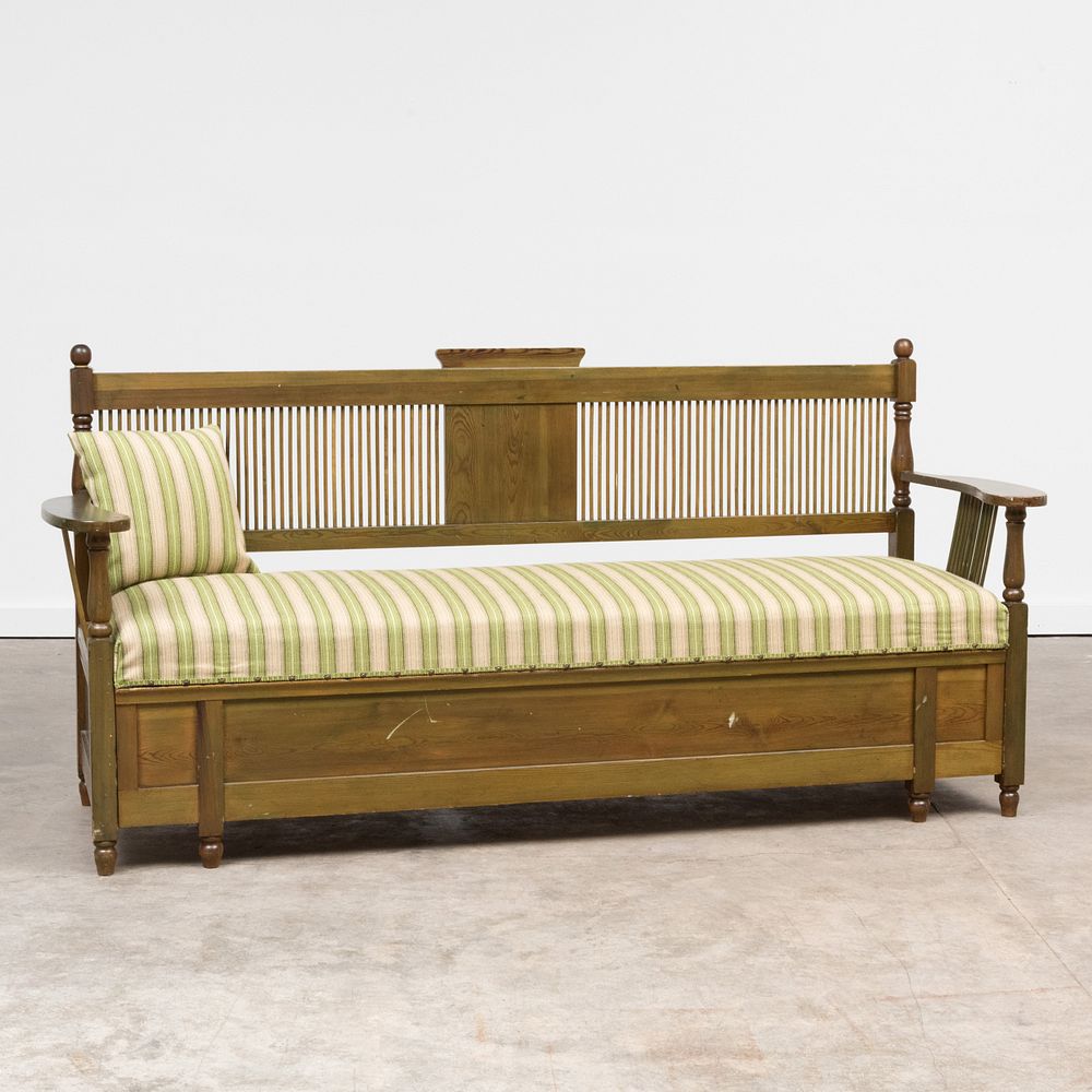 Appraisal: Carl Westman Stained Pine Sofa Upholstered in wool x ft