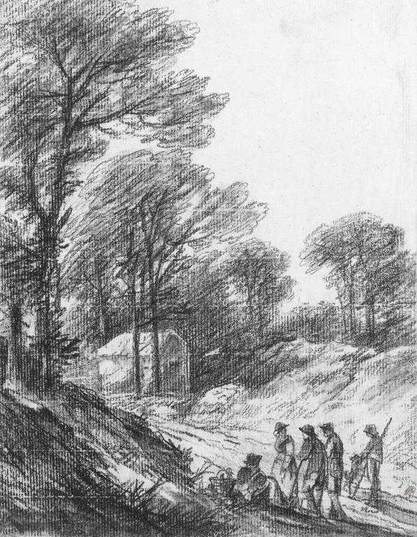 Appraisal: GEORGE FROST - WOODED LANDSCAPE WITH FIVE FIGURES black chalk