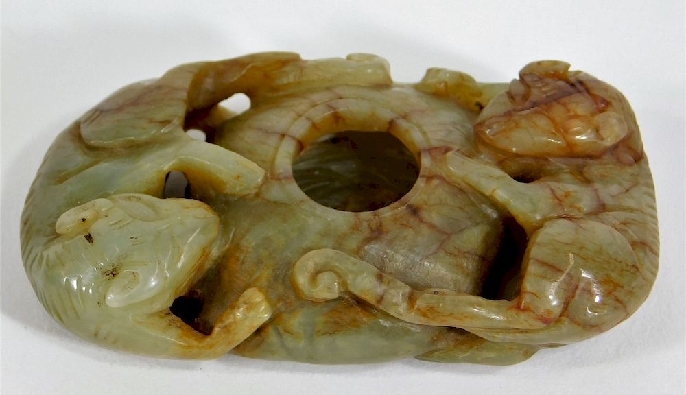 Appraisal: Chinese Celadon Russet Jade Chilong Brush Washer China th Century