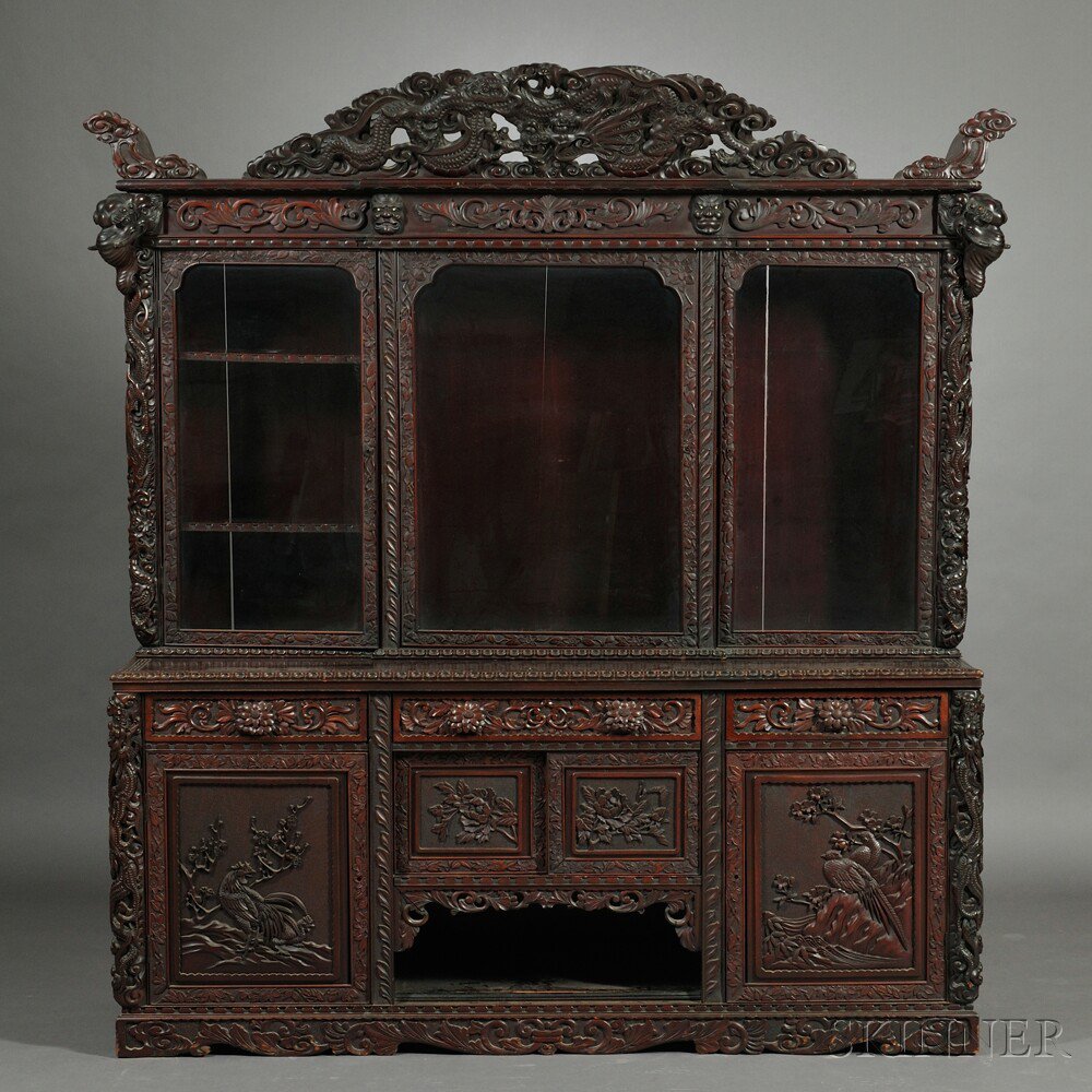 Appraisal: Carved Breakfront China hardwood elaborately carved with birds dragons elephants