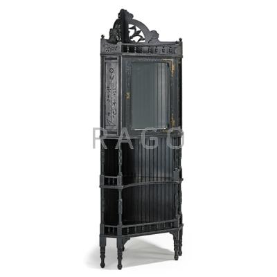 Appraisal: AESTHETIC MOVEMENT Ebonized corner cabinet USA s Ebonized wood glass