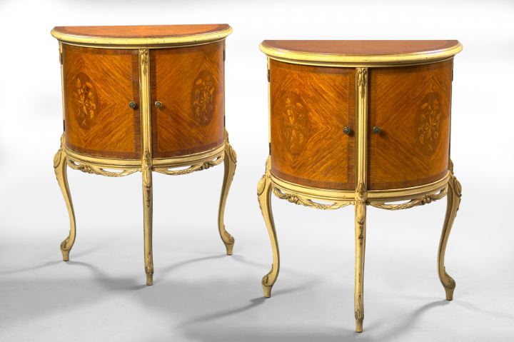 Appraisal: Pair of Louis XV-Style Polychromed Kingwood Cupboards early th century