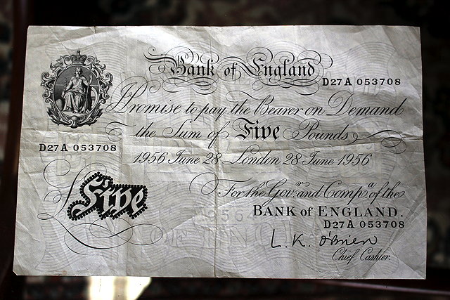 Appraisal: A BANK OF ENGLAND WHITE FIVE POUND NOTE dated June