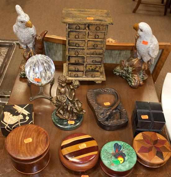 Appraisal: Assortment of carved wood boxes faience parrot figures miniature apothecary