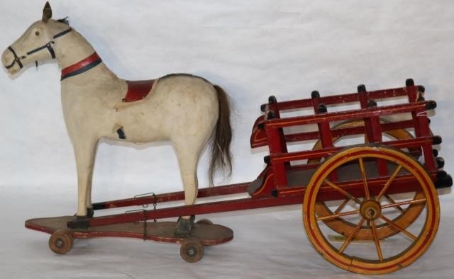 Appraisal: LATE TH CENTURY HORSE DRAWN TOY CART ON WHEELS GOOD