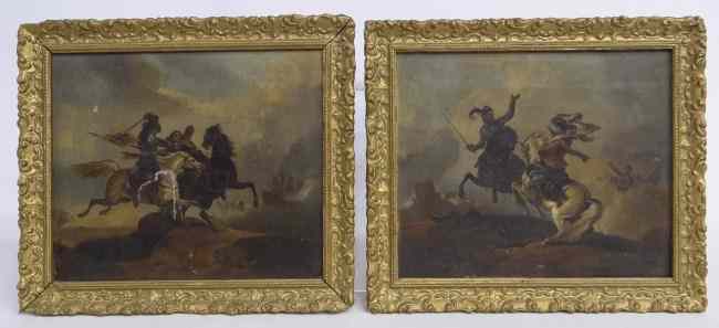 Appraisal: Pair th c oil on canvas battle scenes Sights ''