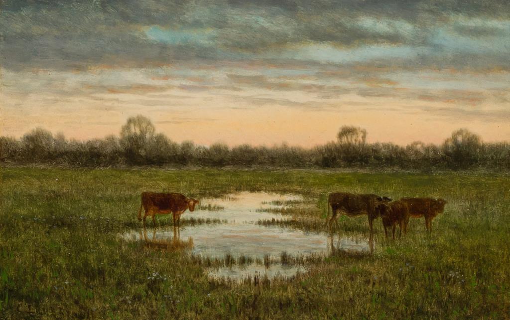 Appraisal: CLINTON LOVERIDGE American - Landscape with Cows at Sunset oil