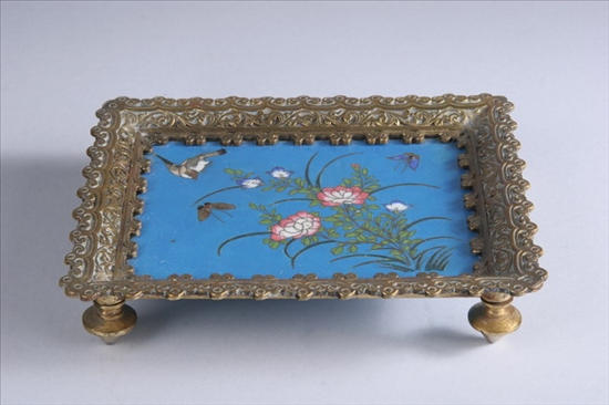 Appraisal: FRENCH CHAMPLEV ENAMEL VIDE-POCHE circa Square the enamel tray decorated