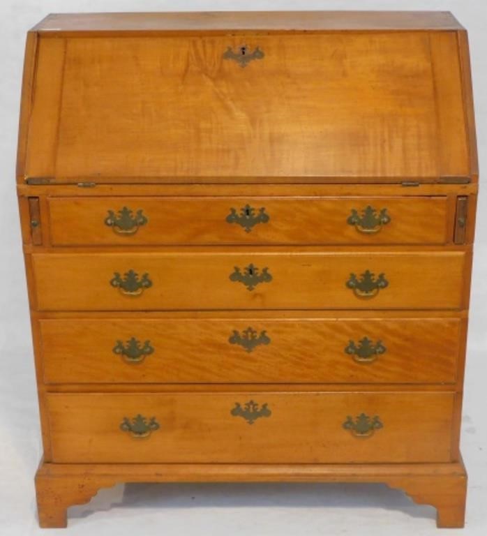 Appraisal: TH CENTURY FIGURED MAPLE SLANT LID DESK dovetailed construction Fitted