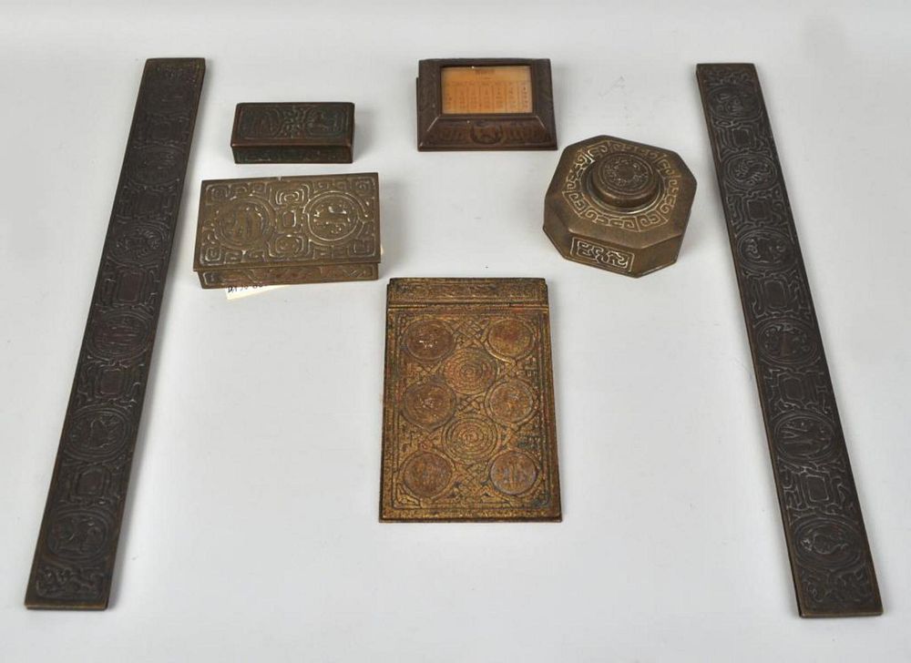 Appraisal: Tiffany Studios Zodiac Seven Piece Bronze Desk Set comprising blotter