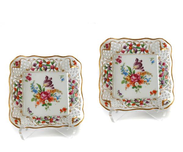 Appraisal: A pair of Dresden porcelain reticulated square form dishes width