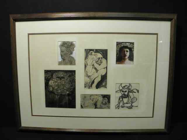 Appraisal: Framed group of six assorted unusual etchings as a montage