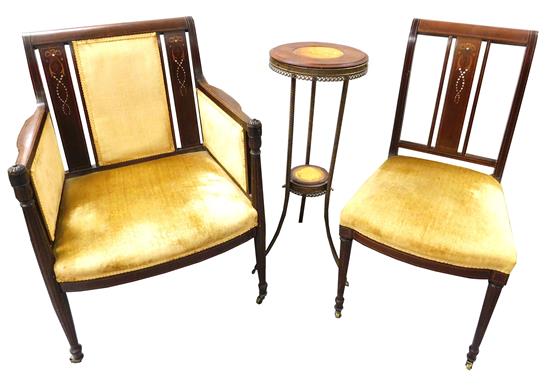 Appraisal: Pair of Edwardian chairs along with two tier plant stand