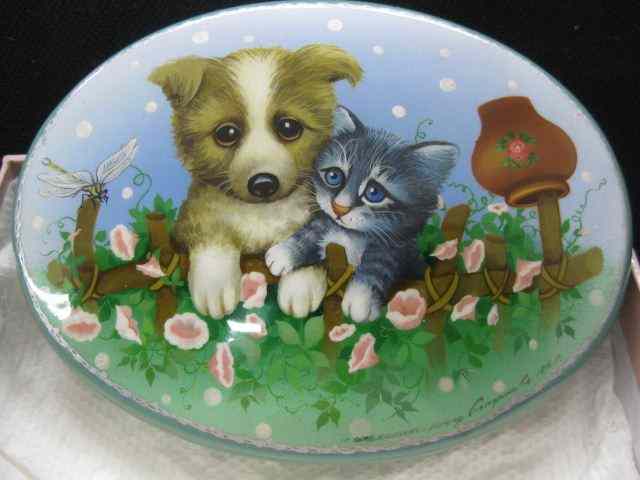 Appraisal: Russian Lacquerware Box puppy kitten in the garden oval ''