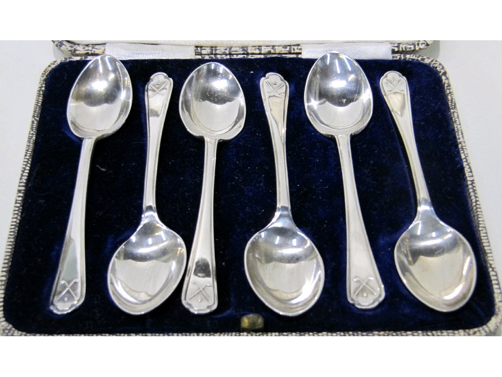 Appraisal: Cased set of six silver spoons with golfing motif Sheffield