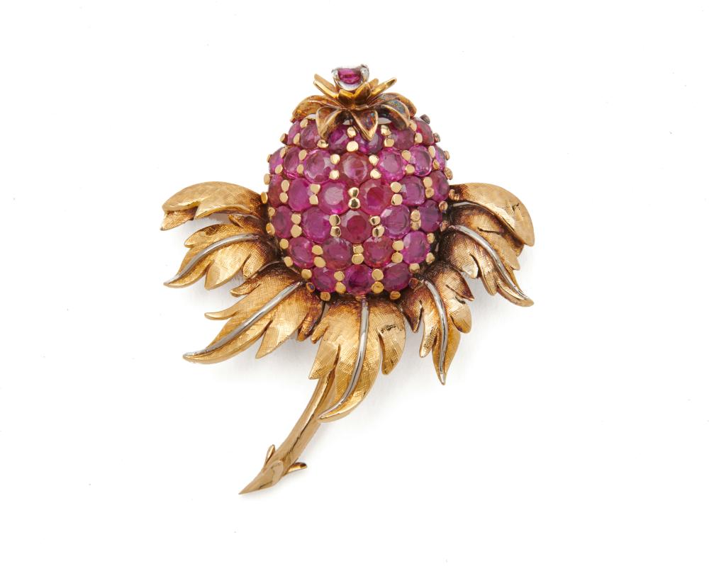 Appraisal: K Gold and Ruby Pineapple Brooch set throughout with shared-prong