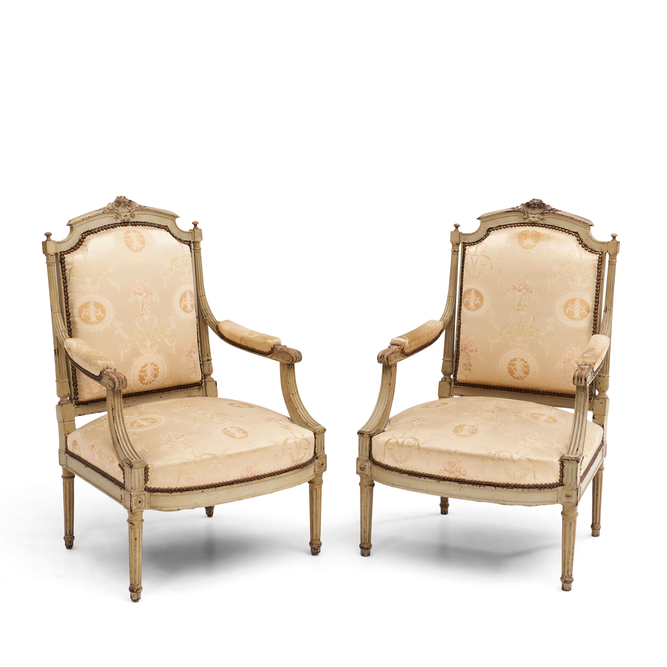 Appraisal: PAIR OF LOUIS XVI-STYLE FAUTEUILS with carved and painted frame