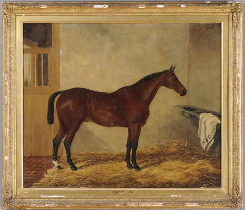 Appraisal: J QUINTON ''BENEDICT'' IN A STALL Oil on canvas relined