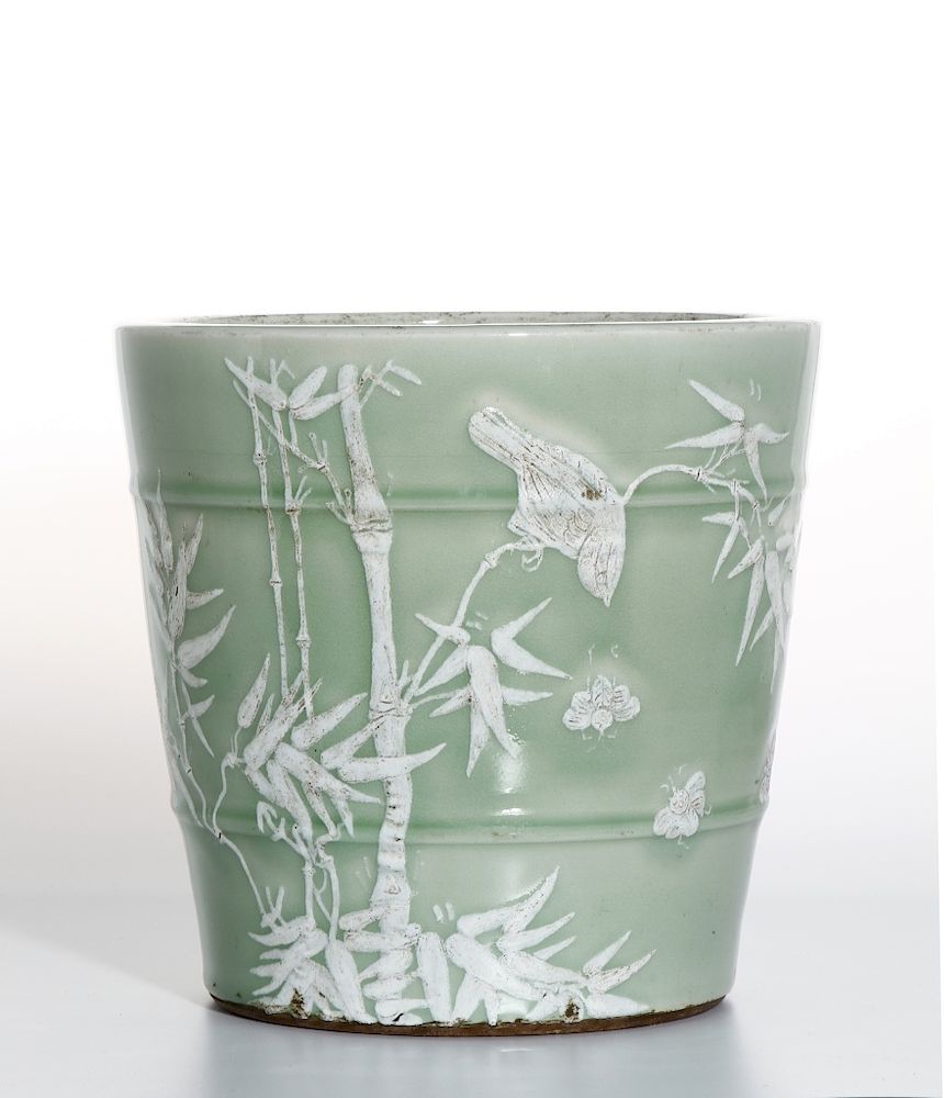 Appraisal: Chinese Celadon Glazed Slip-Decorated Painting Pot Solidly potted of cylindrical