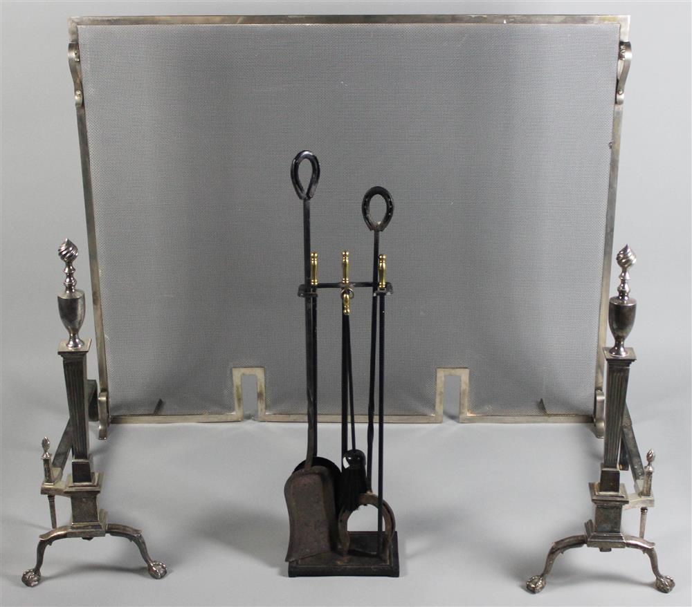 Appraisal: PAIR OF FEDERAL STYLE SILVERED BRASS ANDIRONS AND TOOLS WITH