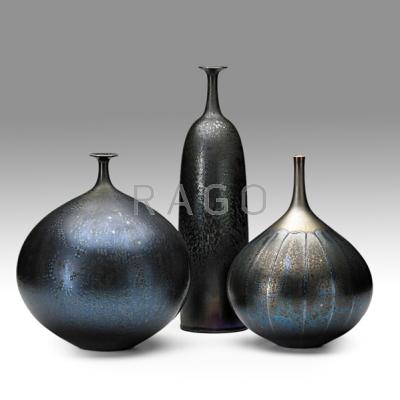 Appraisal: HIDEAKI MIYAMURA b Three porcelain vases black Tenmoku crystalline glaze