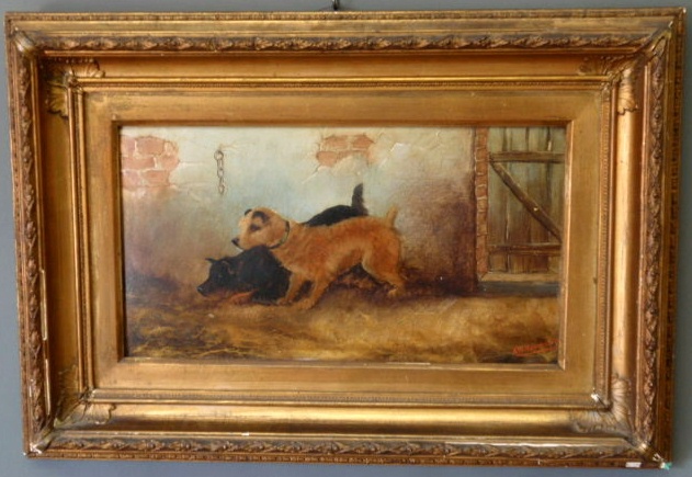 Appraisal: Oil on artist board painting of terriers signed A Williams