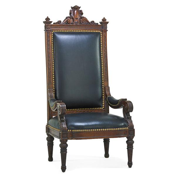 Appraisal: LOUIS XVI STYLE THRONE CHAIR Oak upholstered seat and back