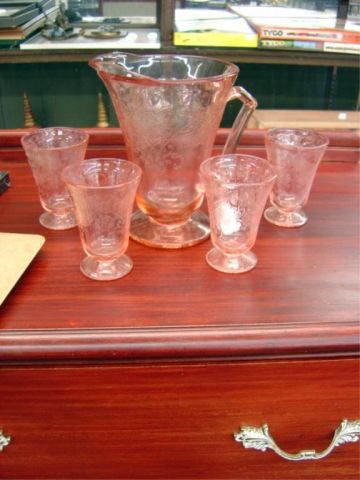 Appraisal: PINK GLASS PITCHER W GLASSES