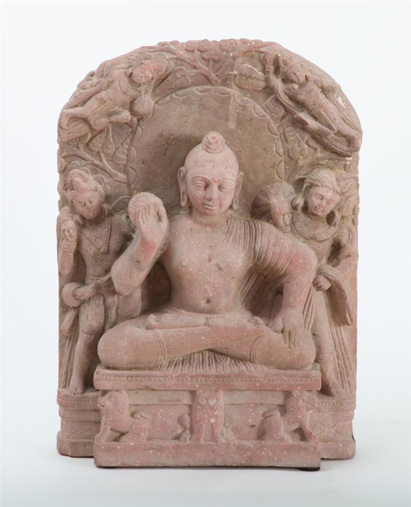 Appraisal: INDIAN CARVED RED SANDSTONE STELE Centered by the Buddha flanked