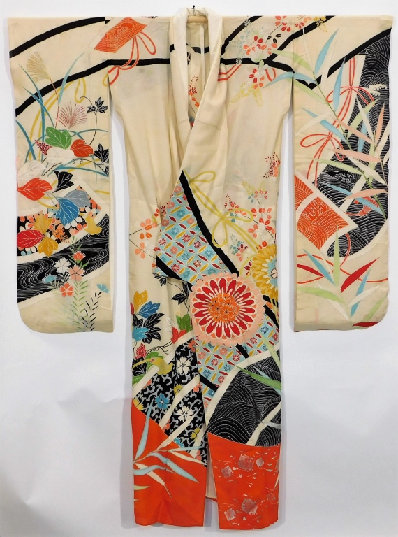 Appraisal: MEIJI PERIOD BLUE PAINTED FLOWERS FURISODE KIMONO Japan Circa Hand