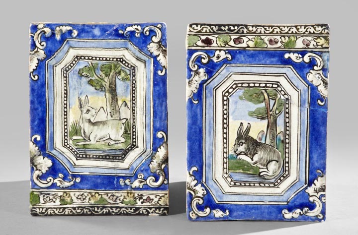 Appraisal: Pair of Italian Provincial Glazed Terra Cotta Tiles Featuring Rabbits