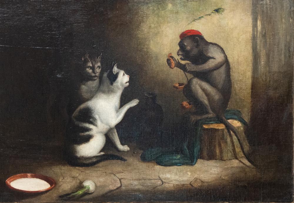 Appraisal: CONTINENTAL SCHOOLmonkey with cats oil on canvas relined unsigned Provenance