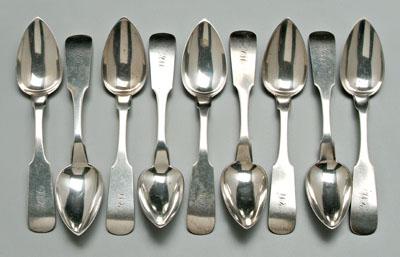 Appraisal: Set nine Virginia coin silver spoons downturned tipt back fiddle