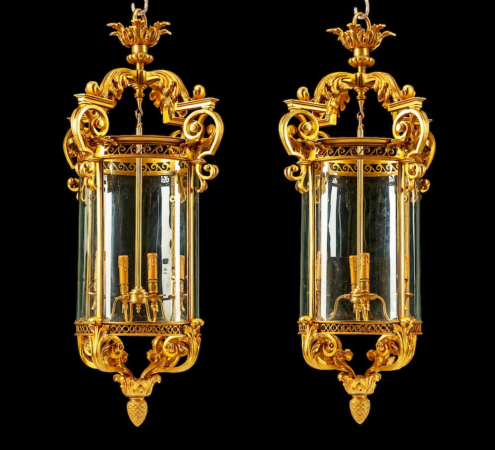 Appraisal: A Pair of English Gilt Bronze and Glass Lanterns A