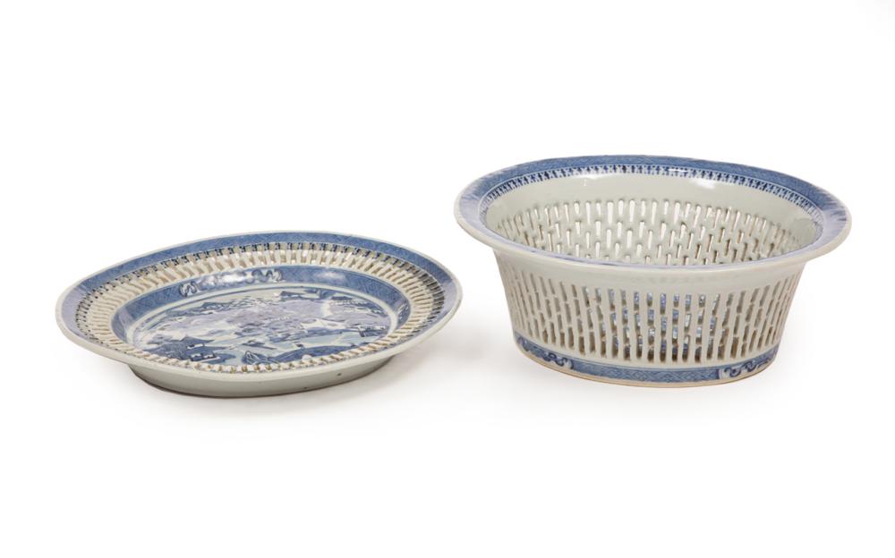 Appraisal: Chinese Export Blue and White Porcelain Chestnut Basket and Underplate