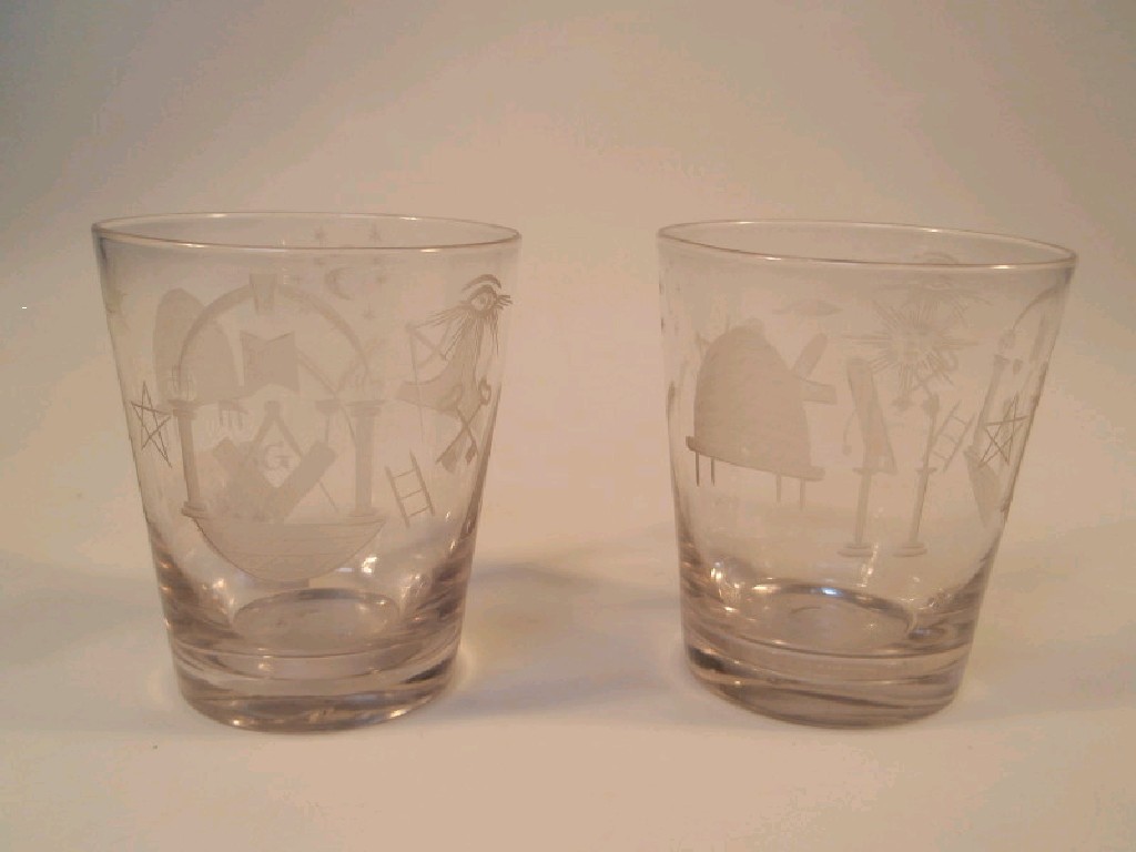 Appraisal: A pair of early thC Masonic tumblers engraved with emblems