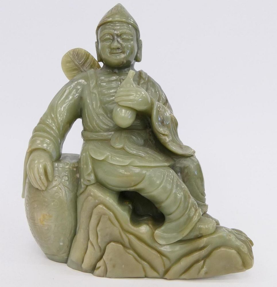 Appraisal: CHINESE CARVED GREEN JADE FIGURAL SCULPTURE LARGE CHINESE CARVED GREEN