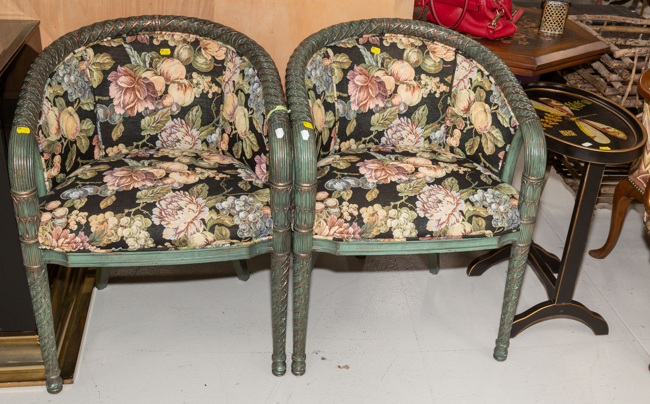 Appraisal: A PAIR OF NEOCLASSICAL ARM CHAIRS SIDE TABLE Comprising a