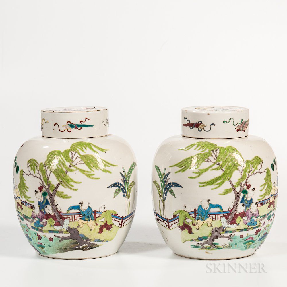 Appraisal: Pair of Fencai Ginger Jars and Covers Pair of Fencai