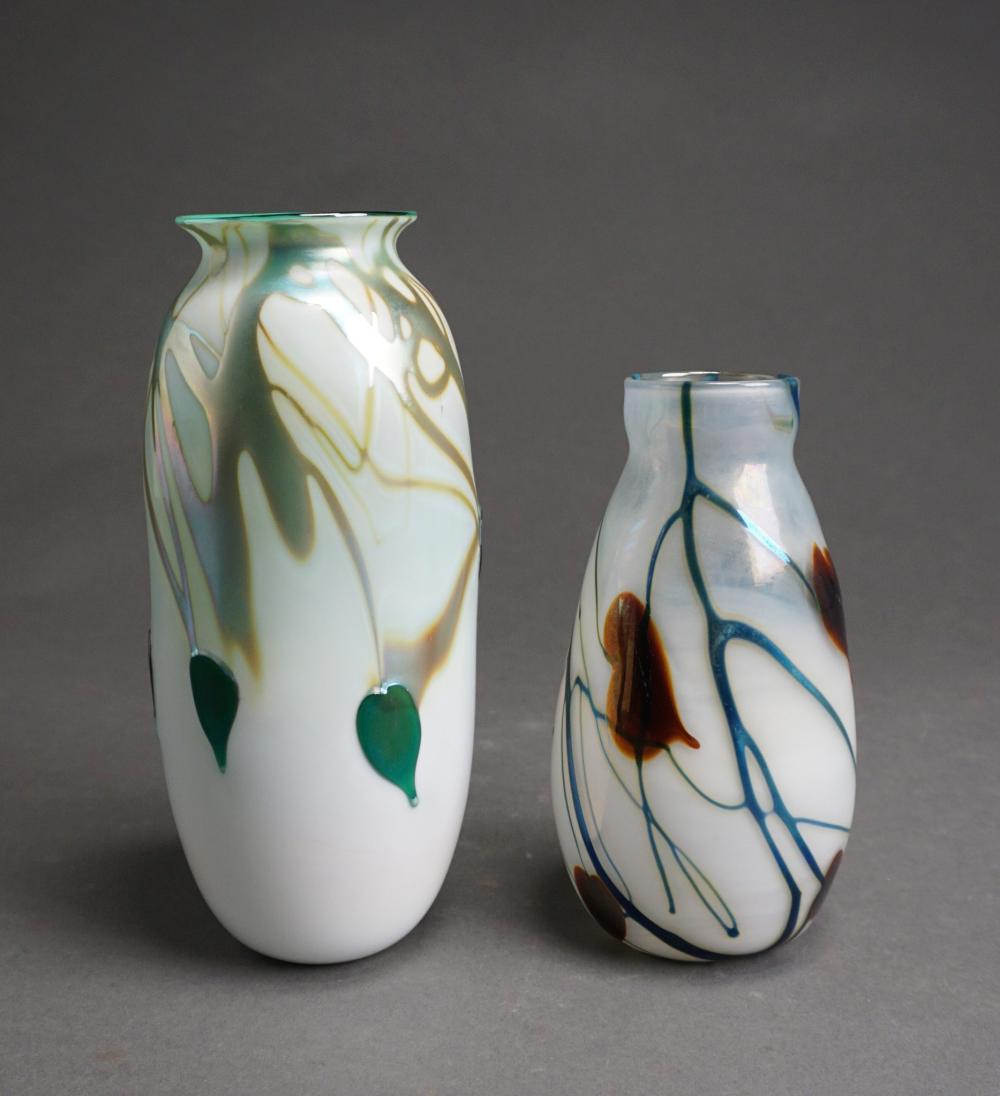 Appraisal: Two Charles Lotton Marquetry 'Leaf and Vine' Decorated Glass Vases