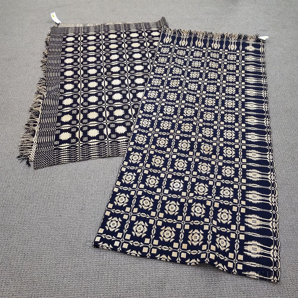 Appraisal: Two Blue and White Double-weave Coverlets Two Blue and White