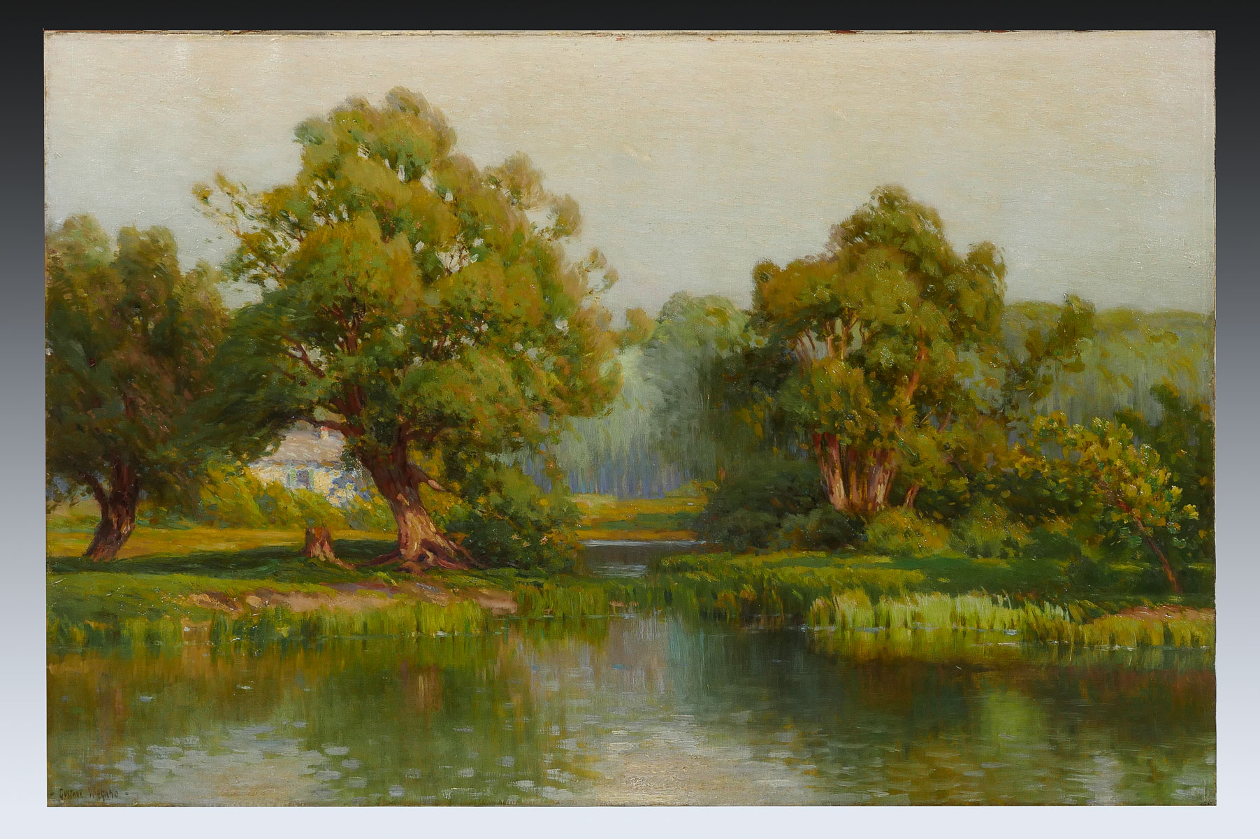 Appraisal: LARGE GUSTAVE WIEGAND LANDSCAPE Impressionist Marsh with Sunlit Cottage Landscape