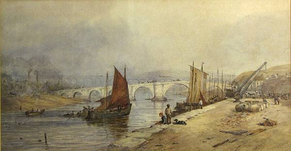 Appraisal: Godfrey Young A river scene with a bridge and numerous