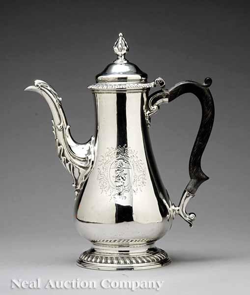 Appraisal: A George III Crested Sterling Silver Coffee Pot Benjamin Brewood