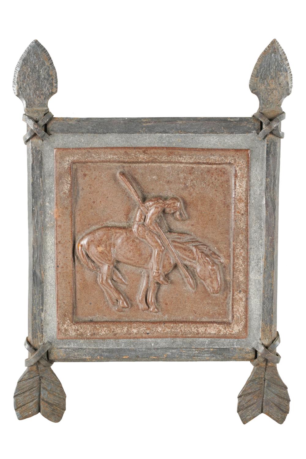 Appraisal: IRON FRAMED TILEdepicting horse rider After Remington plaque plaque signed