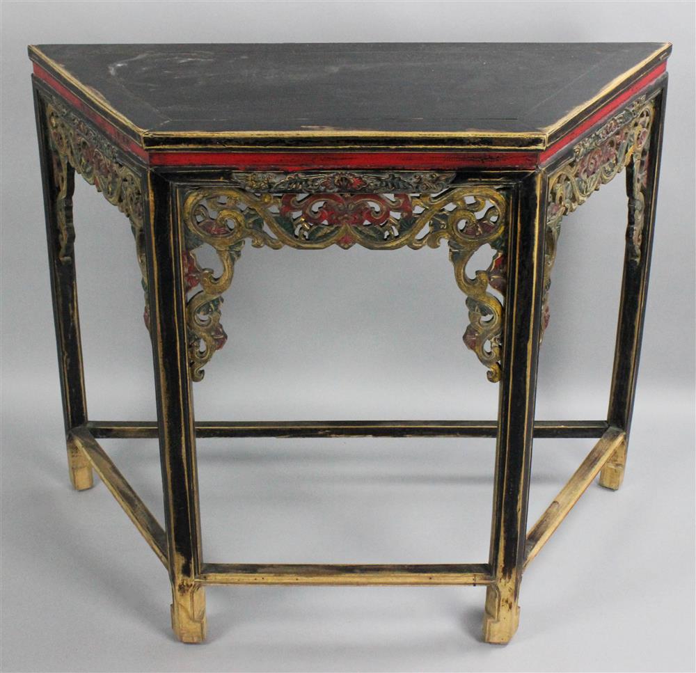 Appraisal: CHINESE PAINTED HARDWOOD DISPLAY TABLE of trapezoidal form the top