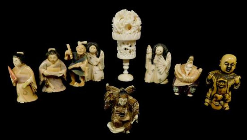 Appraisal: ASIAN Eight signed Japanese figural netsuke and one Chinese puzzle