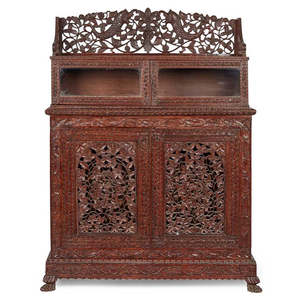 Appraisal: INDIAN CARVED 'BLACKWOOD' SIDE CABINET AND HANGING CUPBOARD PROBABLY BOMBAY